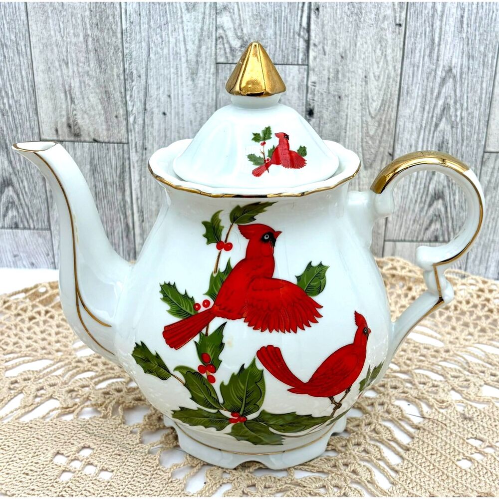 Vintage Lefton Cardinal Teapot Discontinued Japan Porcelain Christmas Holiday